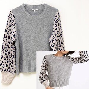 Madewell Tensley Sweater Pullover Leopard-Sleeve Cotton-Merino Grey Size XL New